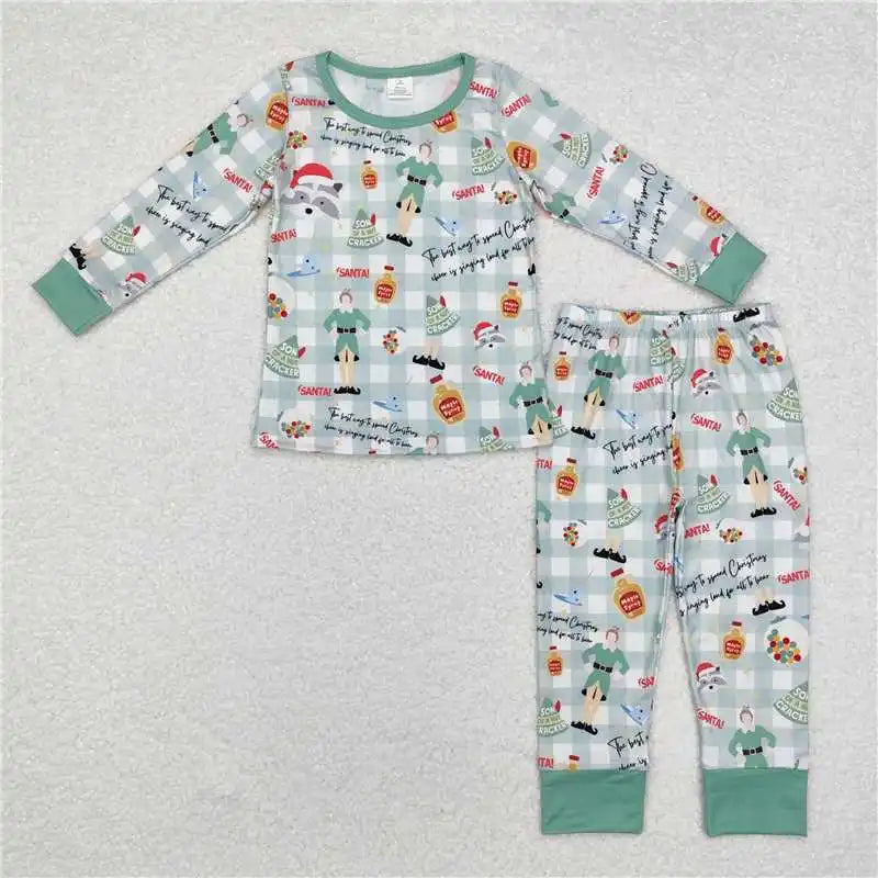 Maxy Winter Fashion Match Children Christmas Cane Green and White Plaid Long Sleeve Long Pants Pajama Set Wholesale Pajamas Romper