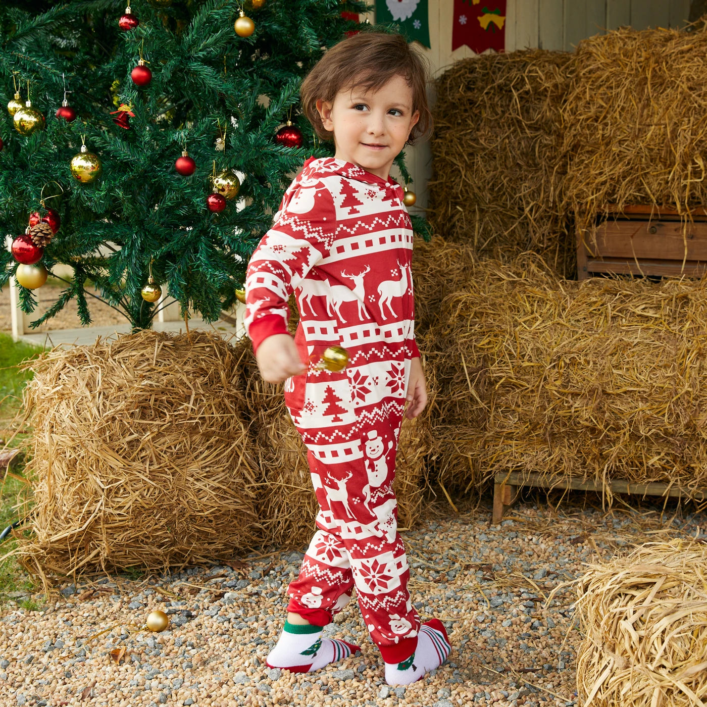 PatPat Christmas Family Matching Allover Red Print Long-sleeve Hooded Zipper Onesies Pajamas Sets (Flame Resistant)