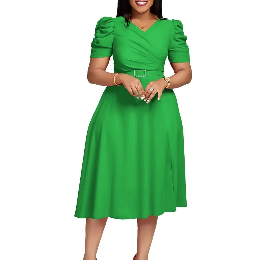 Summer Fashion Office Ladies A-line Skirt African Women Casual Solid V-neck Bubble Sleeve Belt A-line Dress Women