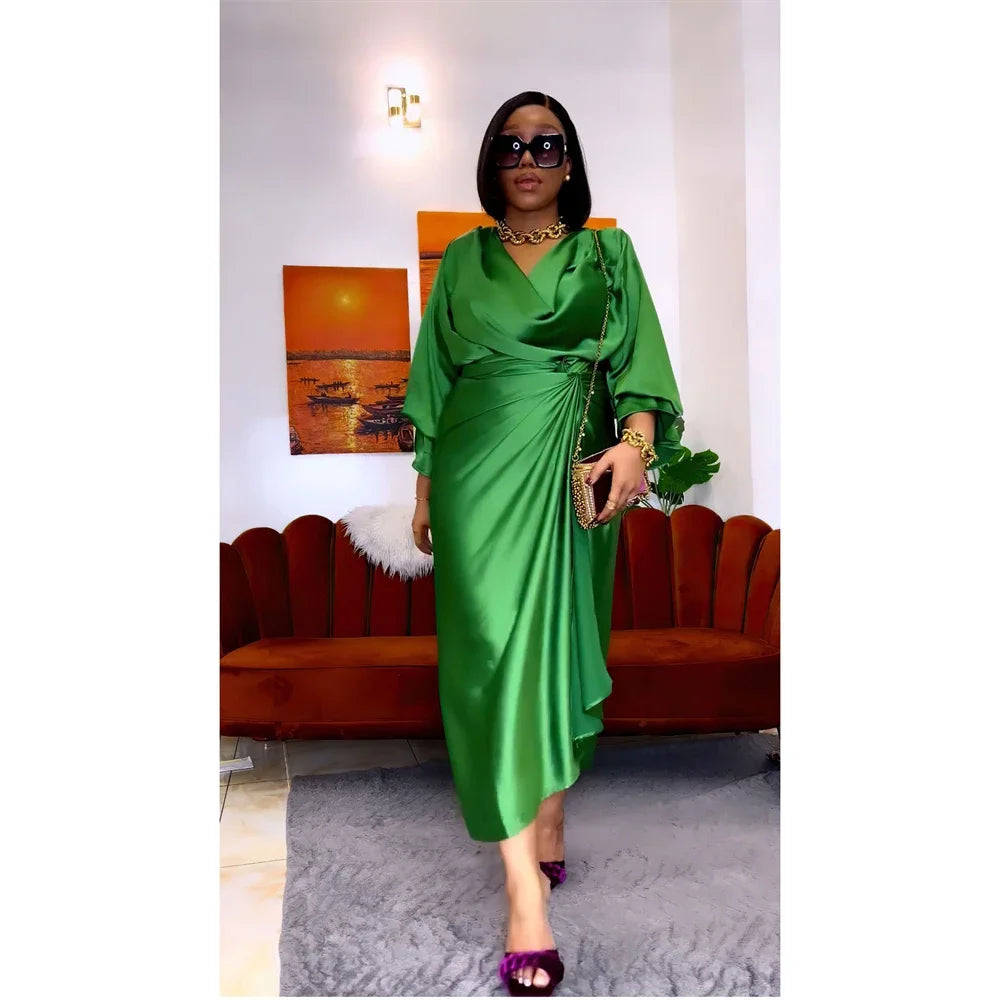 Maxy Elegant Women Summer Dress 2 Piece Set Shiny Satin Pile Collar Long Sleeve Tops and Wrap Midi Skirt Suit Party Church Clothes