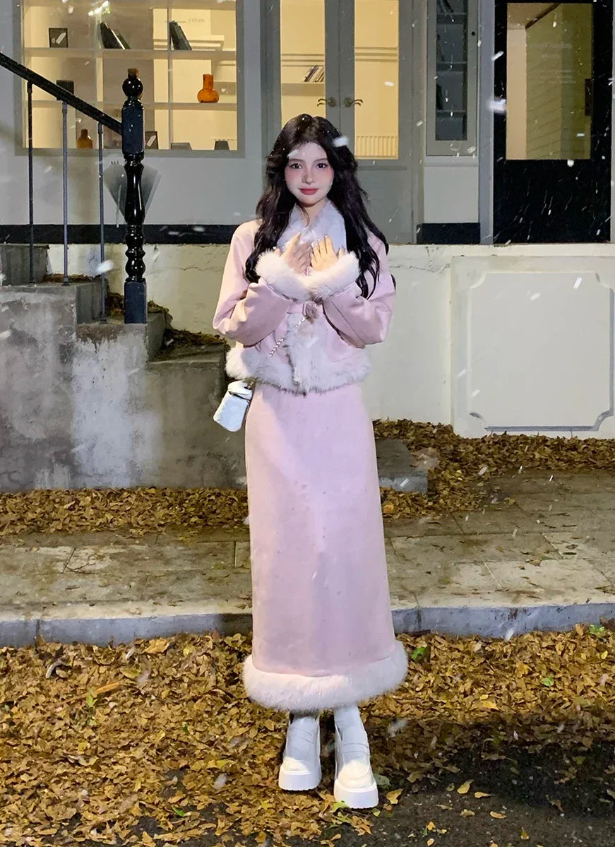 Autumn Retro Faux Fur 2 Piece Skirt Set Women Casual Y2k Vintage Blazers Jacket Coats + Skirts Japanese Kawaii Suit Chic Outfits