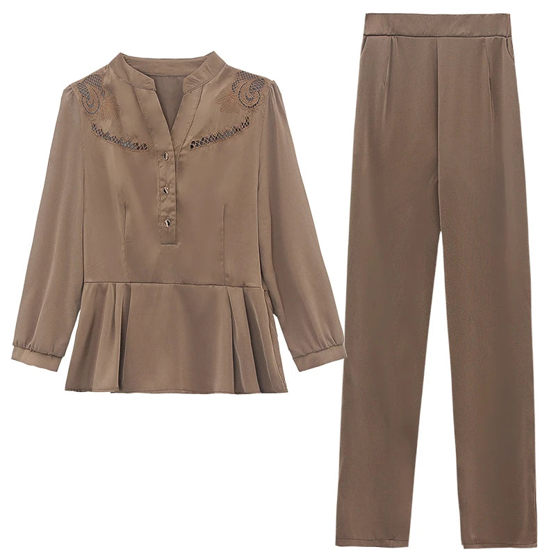 Amay New Spring Autumn Pants Sets For Women 2 Pieces Fashion Elegant Oversize Stand Collar Folds Hem Slim Female Suits