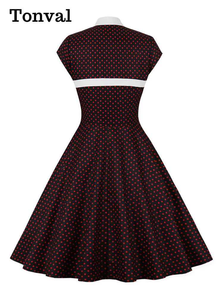 Maxy Toval Stand Collar Hollow Out Front Button Evening Party Dresses Women Cap Sleeve Polka Dot Vintage Dress Elegant Female