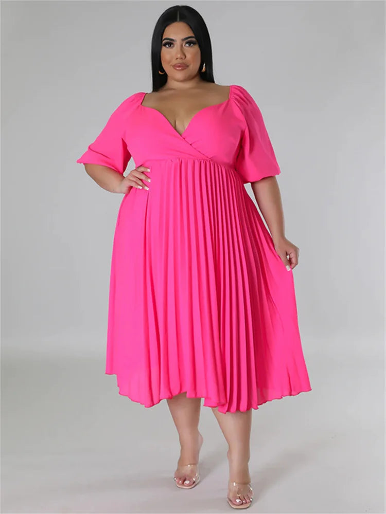 Maxy Plus Size Women Clothing Dresses for Women New In Summer Solid V Neck Maxy Dress Fashion Pleated dtress