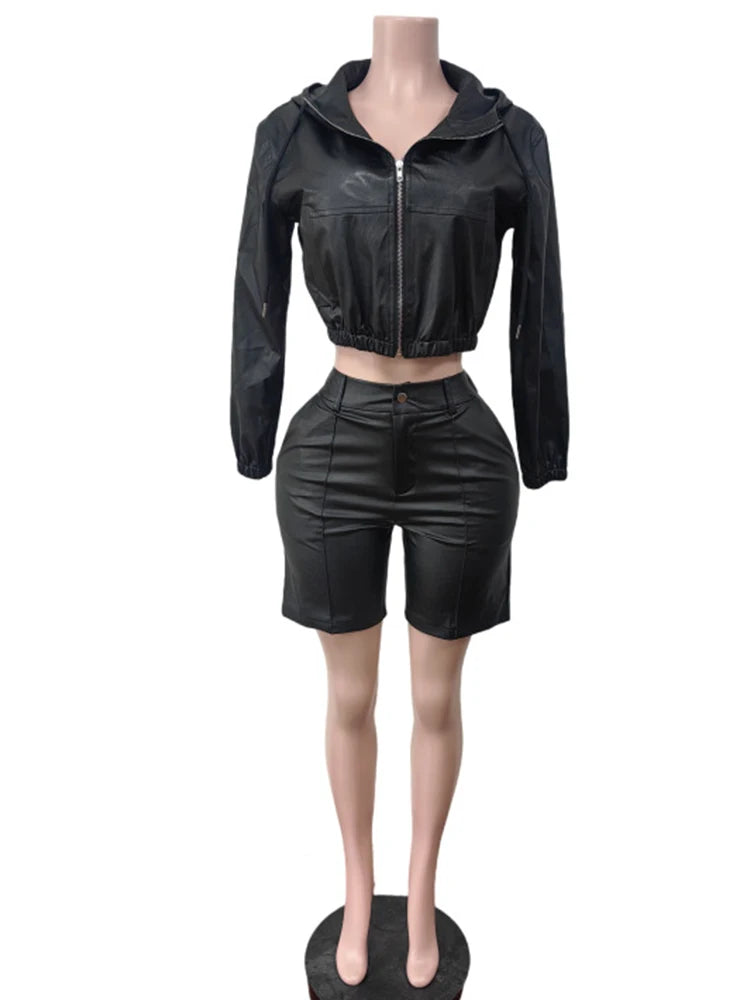 Maxy Cute new Smooth Hooded 2-Piece Set Women Hipster Tracksuit Fall Zip Jacket+Shorts Matching Activity Simple Streetwear Outfits