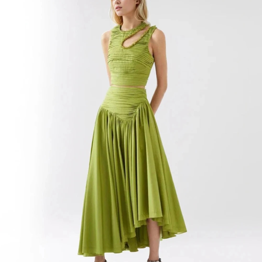 Maxy Asymmetrical Skirt Two Piece for Women O Neck Sleeveless Hollow Out Crop Tops High Waist Pleated Skirt Solid Set Female