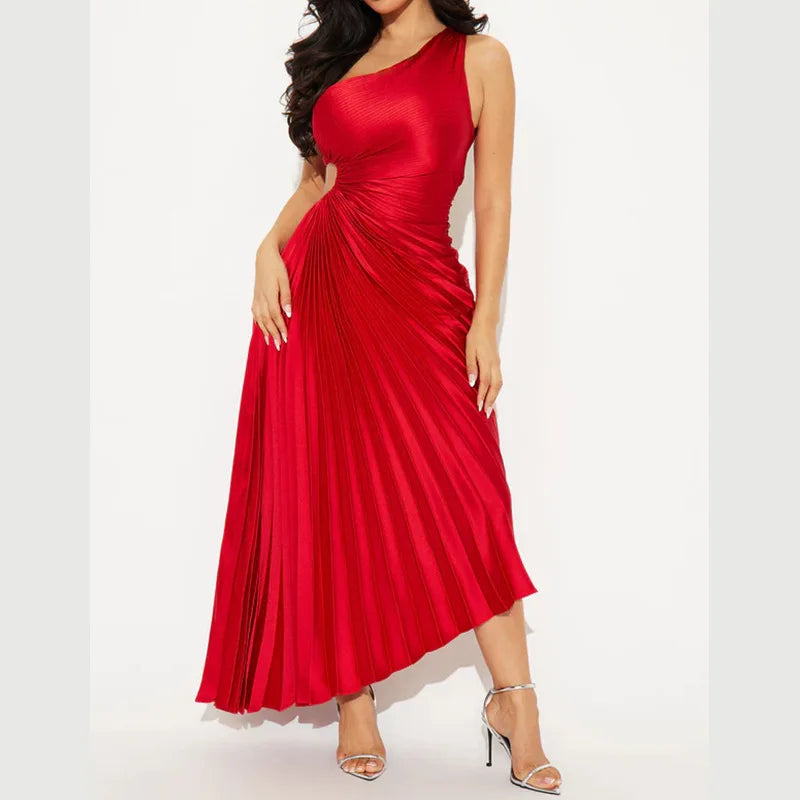 Maxy Spring Evening Banquet Elegant Hip-Hugging Off-One-Shoulder Round Cutout Pleated Women's Fashion Dress