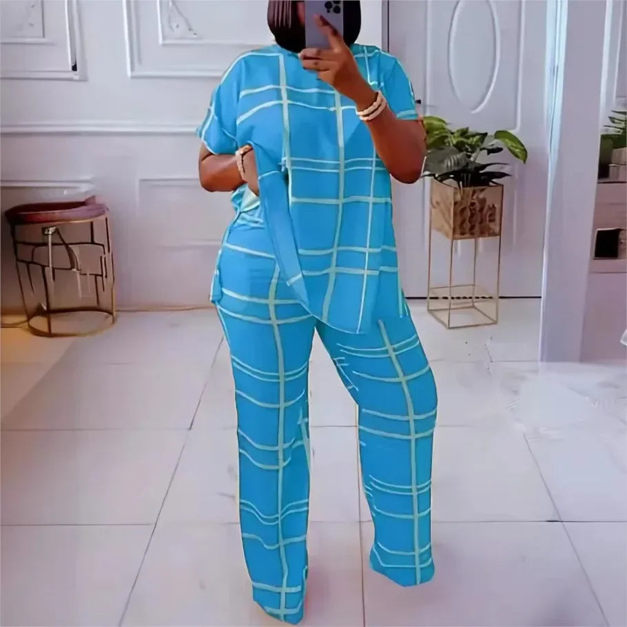 Maxy Plus Size Two Piece Outfits Women Loose Striped Short Sleeve Top Wide Leg Pants Set Tracksuits