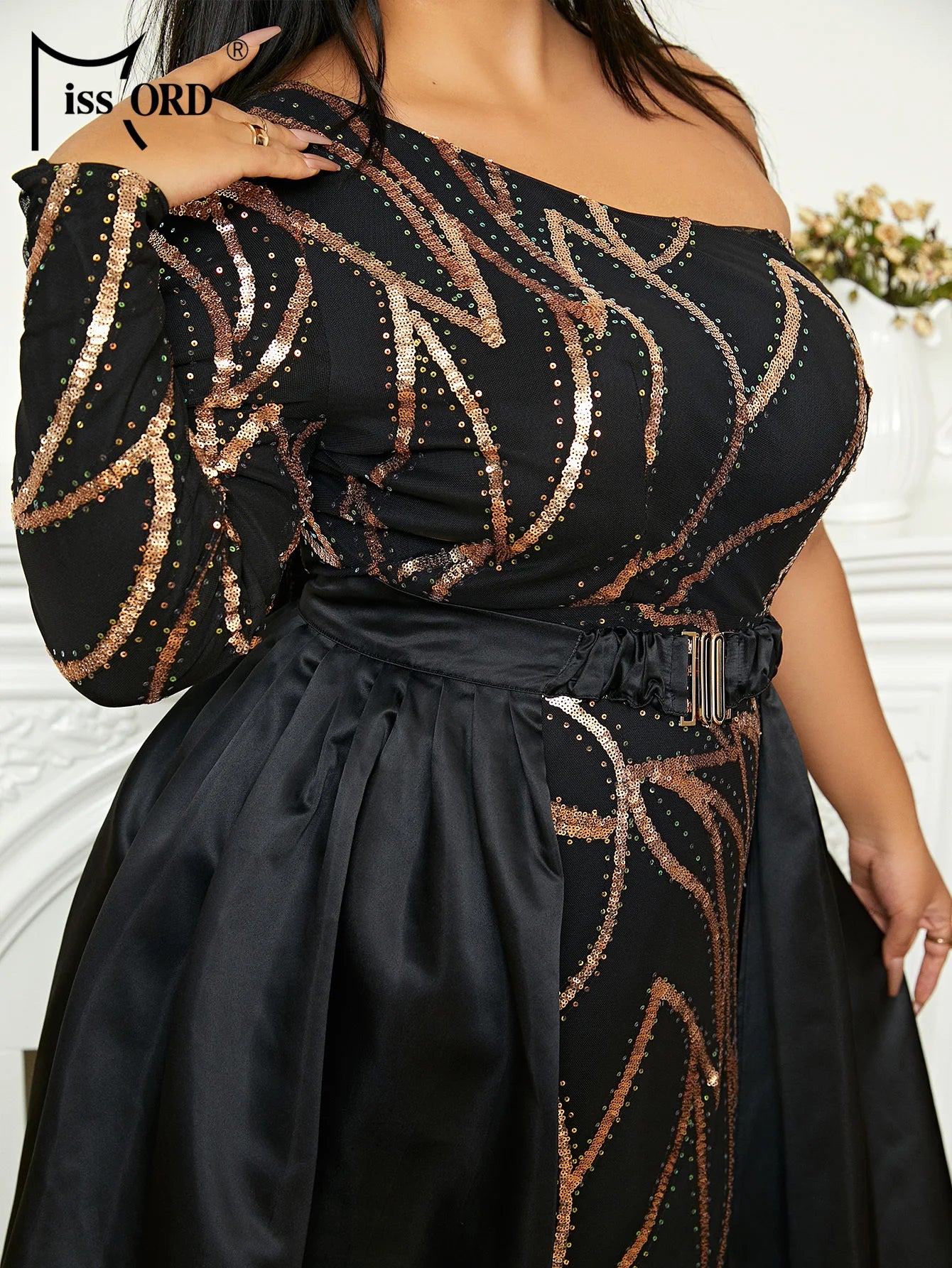 Maxy Black Sequin Plus Size Evening Dresses Elegant Women One Shoulder Long Sleeve Belt Maxi Party Prom Dress With Train Gown