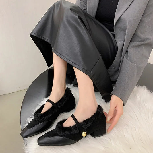 Amay Korean Shoes Loafers Fur Square Toe Autumn New Winter Fall Mary Janes Hook & Loop Fashion Women Shoes Autumn Loafers Fur Mo