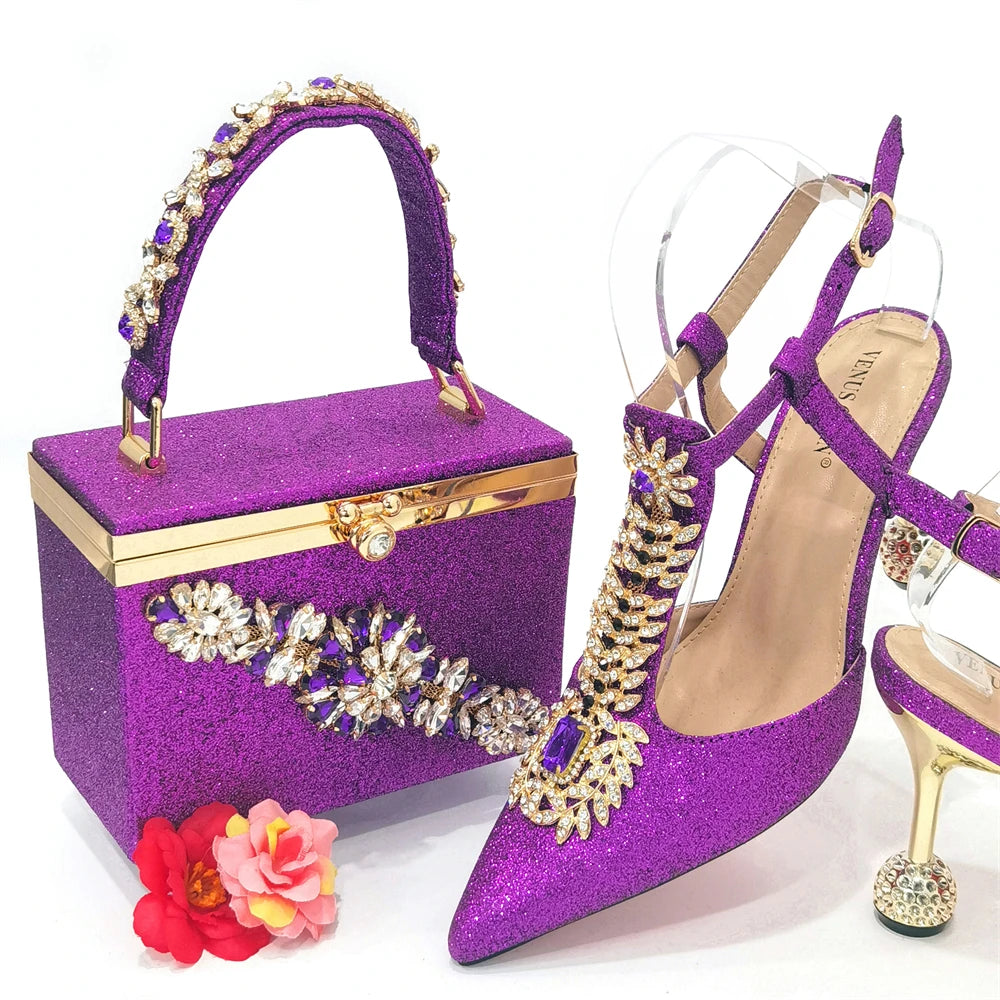 Maxy Newest Red Color Comfortable Streamlined Pointed Toe Women's Shoes Matching Big Crystal Handbag Party Women's Shoes And Bag Set