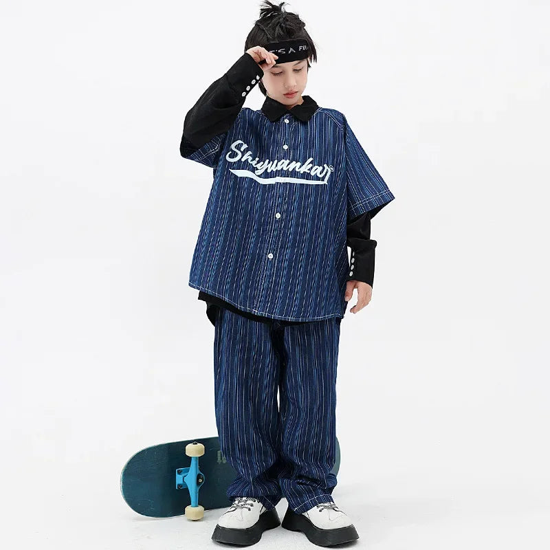 Maxy Kids Boys Girls Stripe Denim Shirts Pants Suits Sets Fashion Streetwear Baseball Shirt Pant Children Tracksuits Hip Hop Clothing