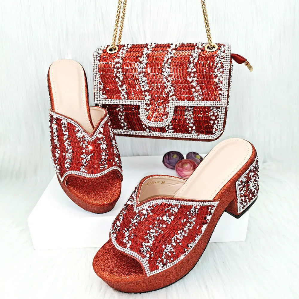 Maxy Design Summer Rhinestone Woman Shoes and Purse Set for Party African Elegant Pumps Slipper And Bag Matching Set