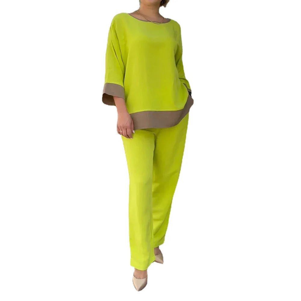 Maxy 2 Pcs/Set Women Top Pants Suit Three Quarter Sleeves Round Neck T-shirt High Wide Leg Trousers Casual Loose Blouse Pants Set