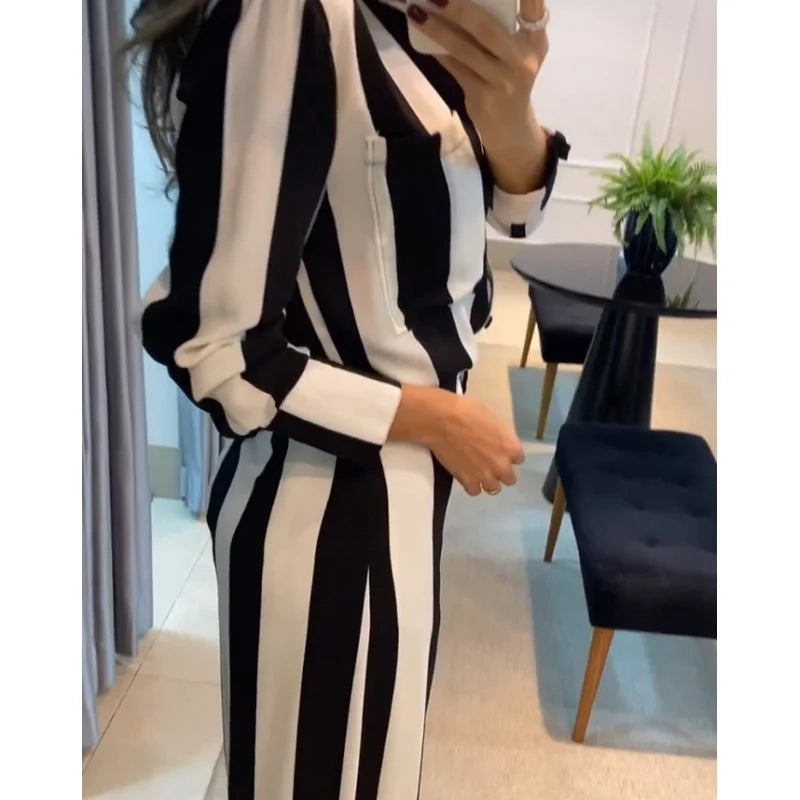 Maxy European and American Autumn Leisure Fashion Black and White Striped Button Pocket Design Shirt Wide Leg Pants Two-Piece Set