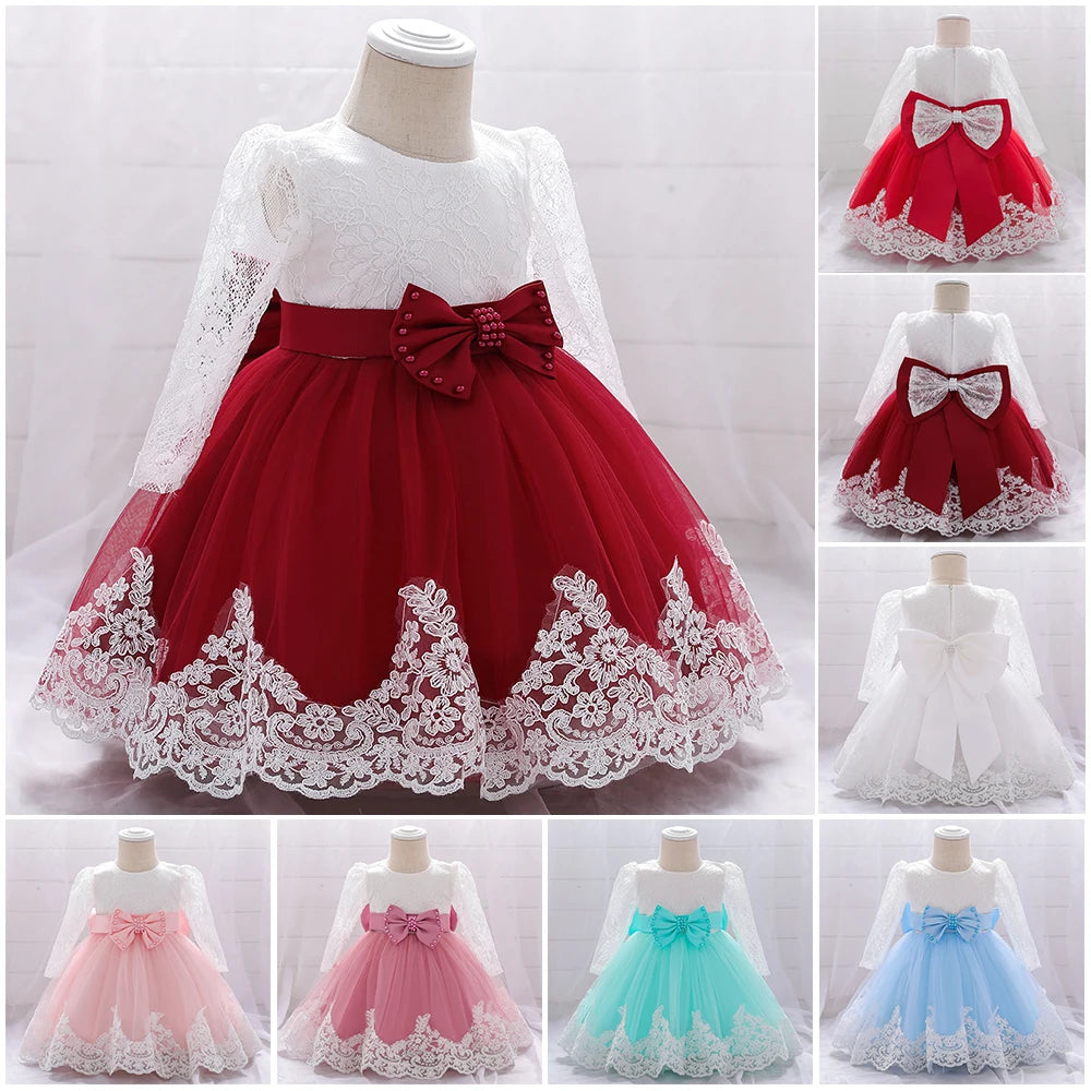 Maxy Baby Girl Baptism Newborn Photography Clothing Toddler Birthday Summer Dress Kids Christening Long Sleeve Lace Bow Ball Gown
