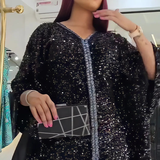 Maxy Black Dresses for Women Sequin Loose Boubou Robe Ankara Dashiki Africa Clothing Evening Party Gown Dubai Abaya Caftan