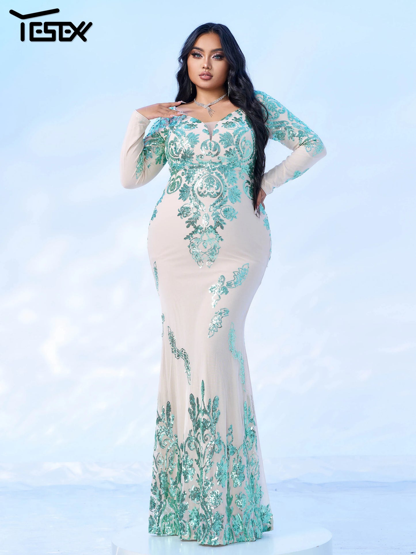 Maxy Yerex New Plus Size Green Long Sleeves Sequin Mermaid Evening Gown Graduation Wedding Birthday Party Formal Occasion Dresses