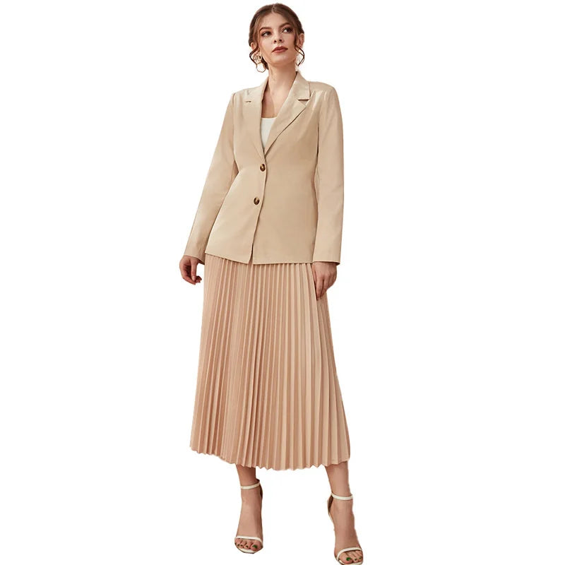 Maxy Women's 2024 Autumn Fashion Casual Professional Style Suit Coat Strap Pleated Skirt Set Blazer Dress