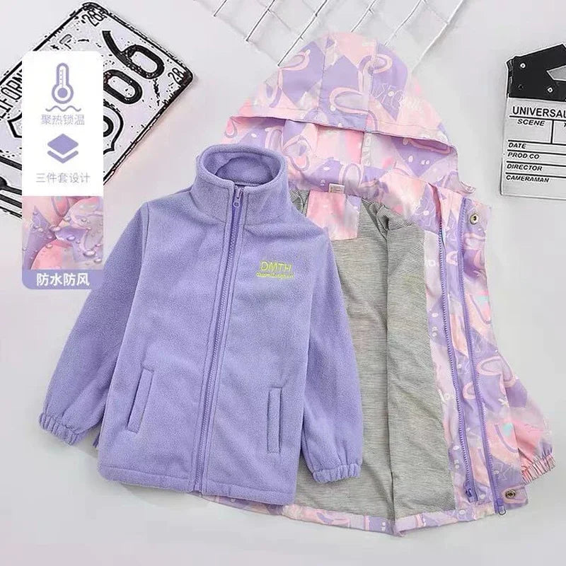 Waterproof Hooded Coat Kids Cartoon Girls Lovely Warm Rmovable Fleece Lined Jacket Cotton Padded Cothes Children Outfit XMP95