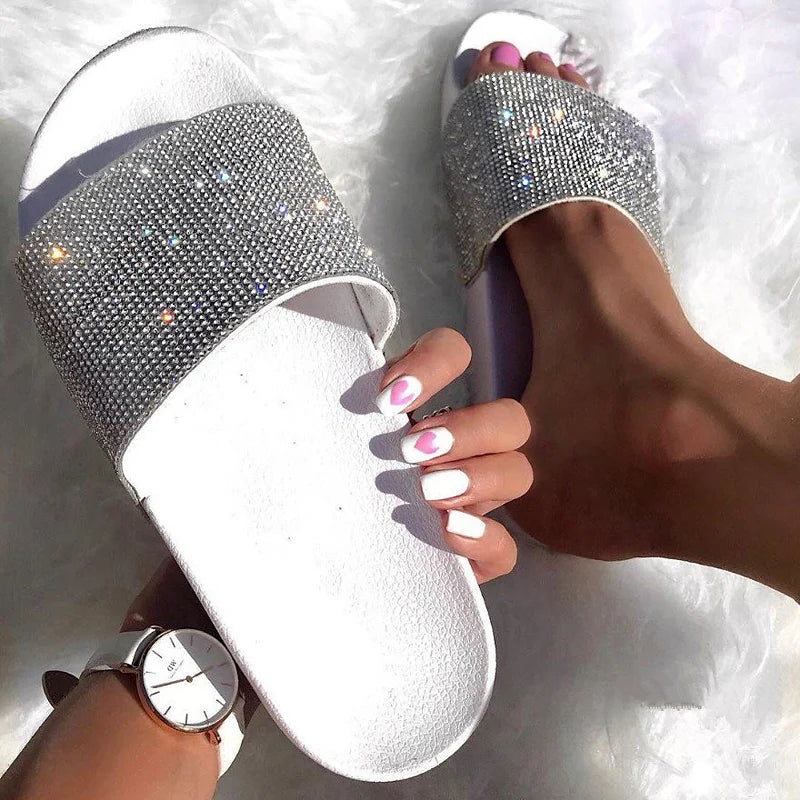 Babs Rhinestone Bling Beach Slides Women Slippers Flip Flops Summer Casual Shoes Crystal Diamond Sandals Slip On Flat Footwear