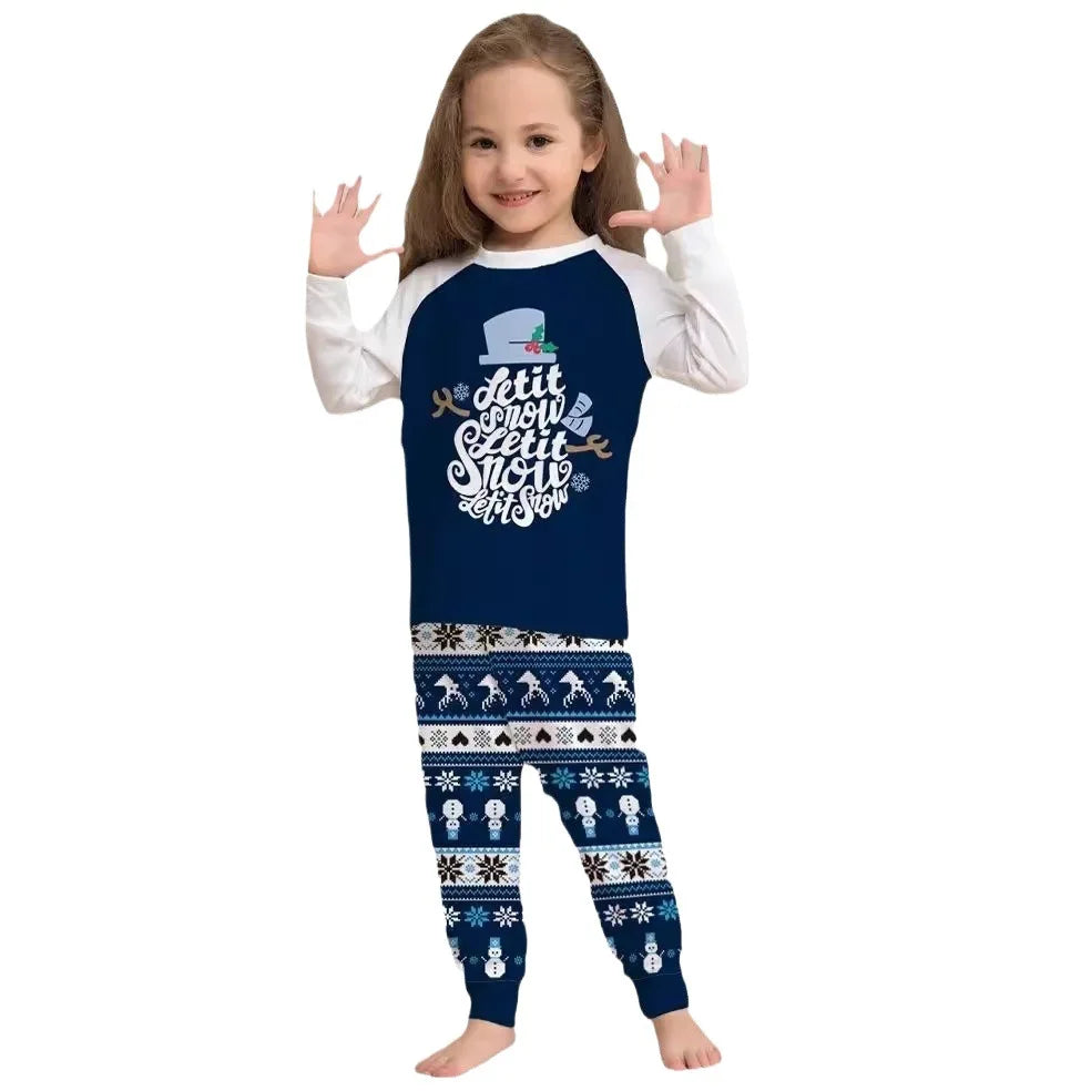 Maxy Blue Christmas cartoon letter printing family Christmas suit Family holiday home wear long sleeve pajamas pajama pants 2 sets