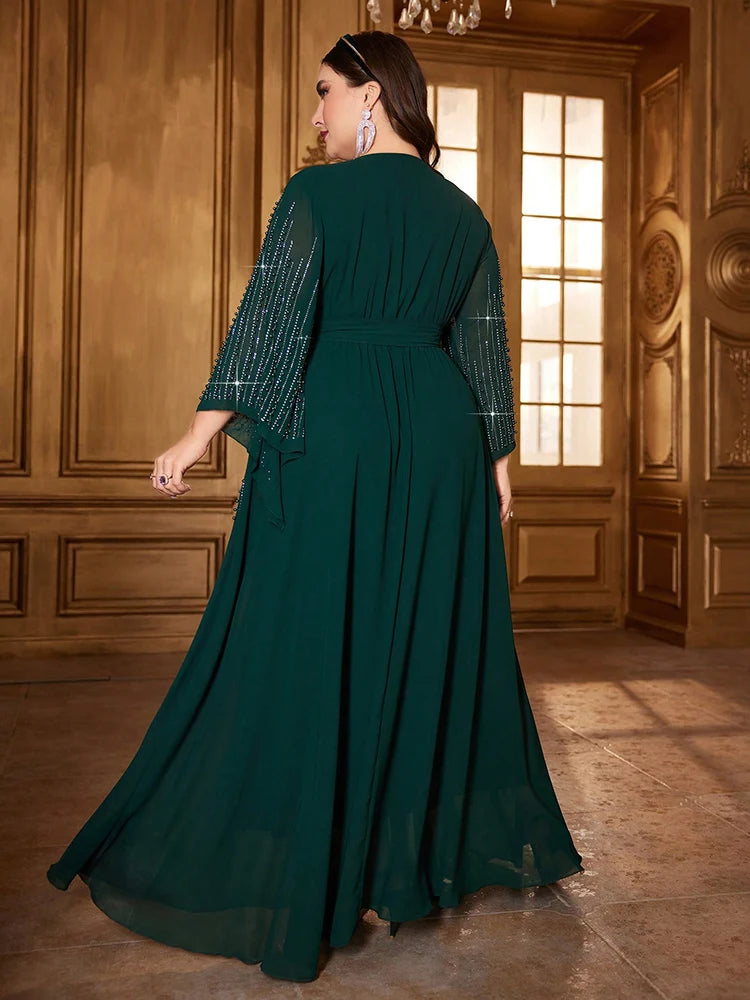 Maxy Women Bead Bell Sleeve Belted Dress, Long Dresses, Luxury, Elegant, Formal, Arabian Party, Evening, Plus Size, 2024