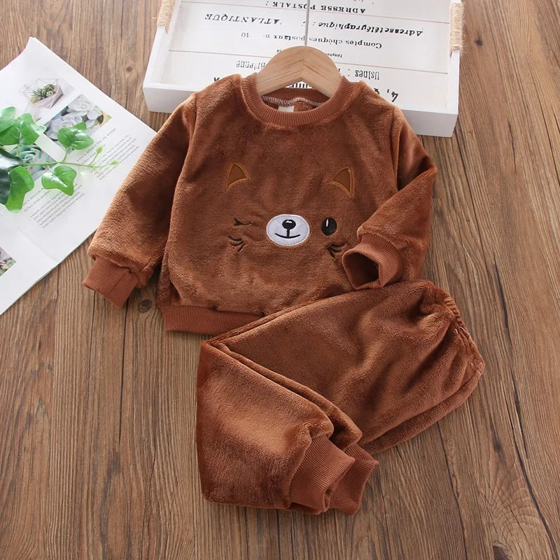 Babs Boy Clothing Set Autumn and Winter Velvet Thick Warm Casual Hooded Sweater Cartoon Cute Bear 3Pcs Toddler Girl Clothes Suit