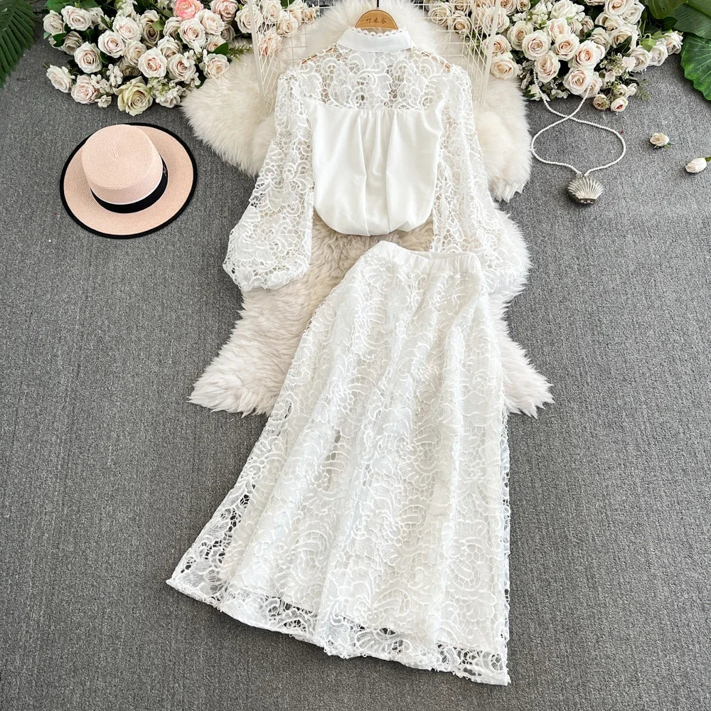 Maxy French Style Suit for Women's Fashion with Hollowed Out Hook Flower Lace Lng Sleeves Shirt+high Waisted A-line Skirt