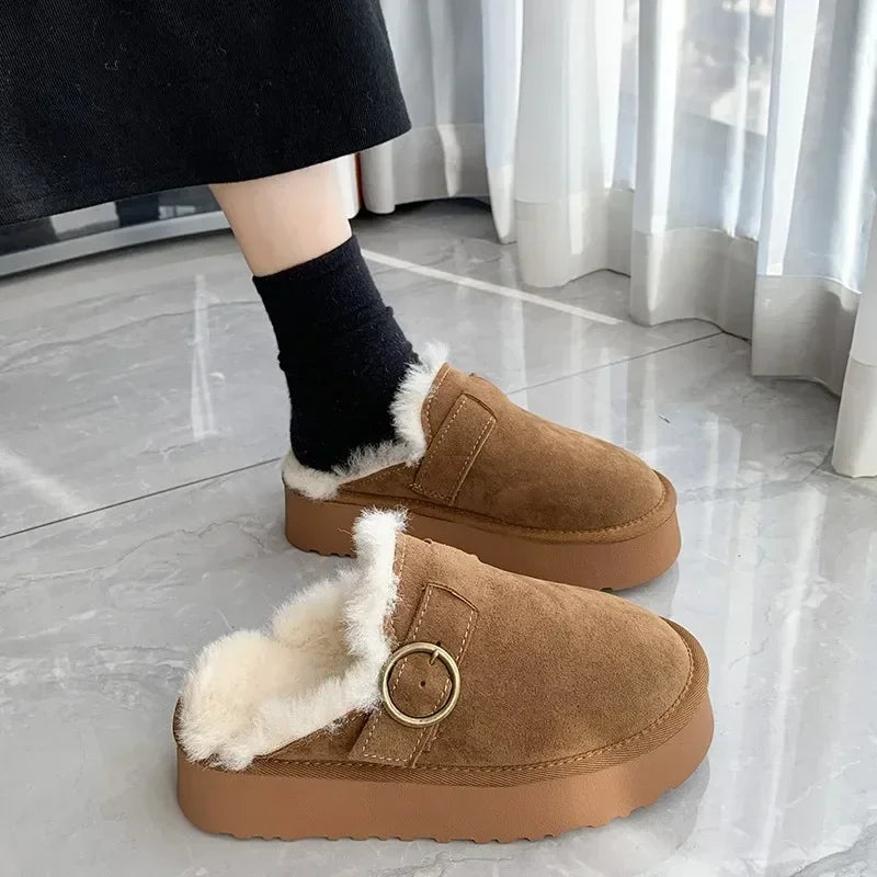Maxy Women Thicken Plush Fur Slippers Winter Slip on Chunky Platform Loafers Mules Woman Thick Bottom Cotton Slippers Flip Flops
