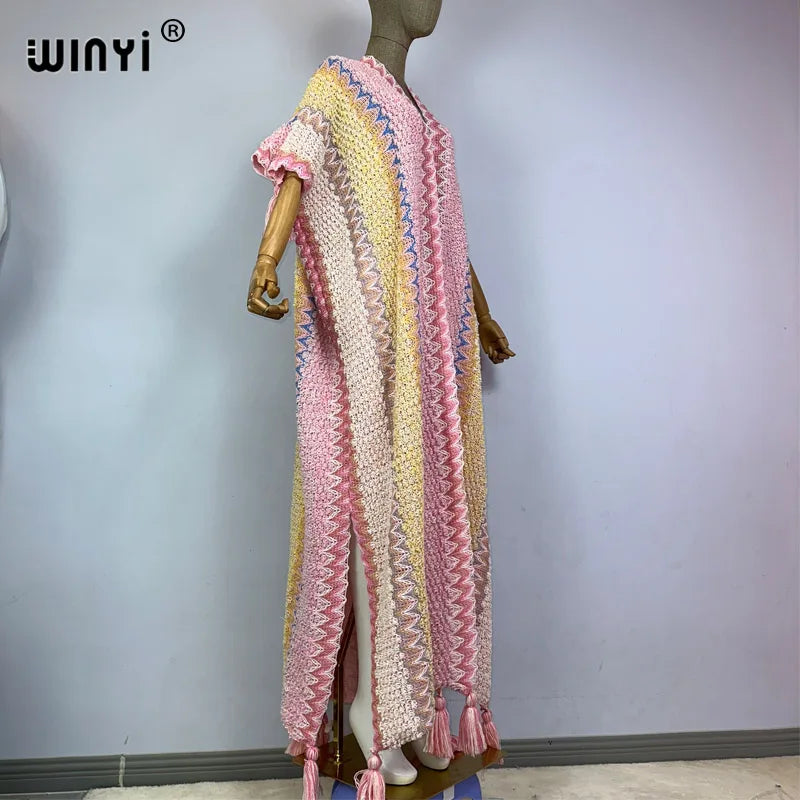 WINYI woman Winter tassel Knitted cardigan print coat Loose Christmas Africa Fashion hipster party dress Thick Warm Female cloke