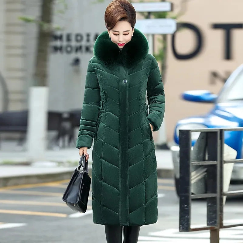 Maxy Long Mom's Winter Parka Quilted Elegant Luxurious Golden Velvet Down Cotton Coat Middle-aged Elderly Women's Thick Warm Jacket