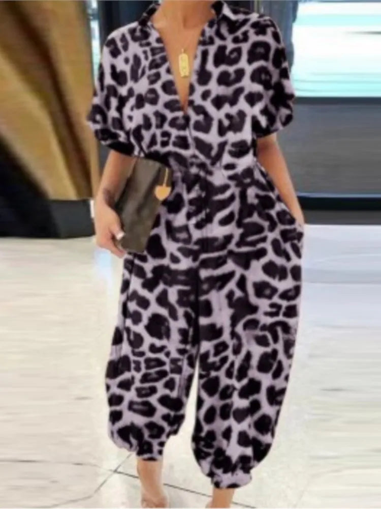 Amay Summer Fashion V-Neck Button Lace-Up Jumpsuit Short Sleeve Loose Playsuit Overalls Women Elegant Leopard Print Pocket Rompers
