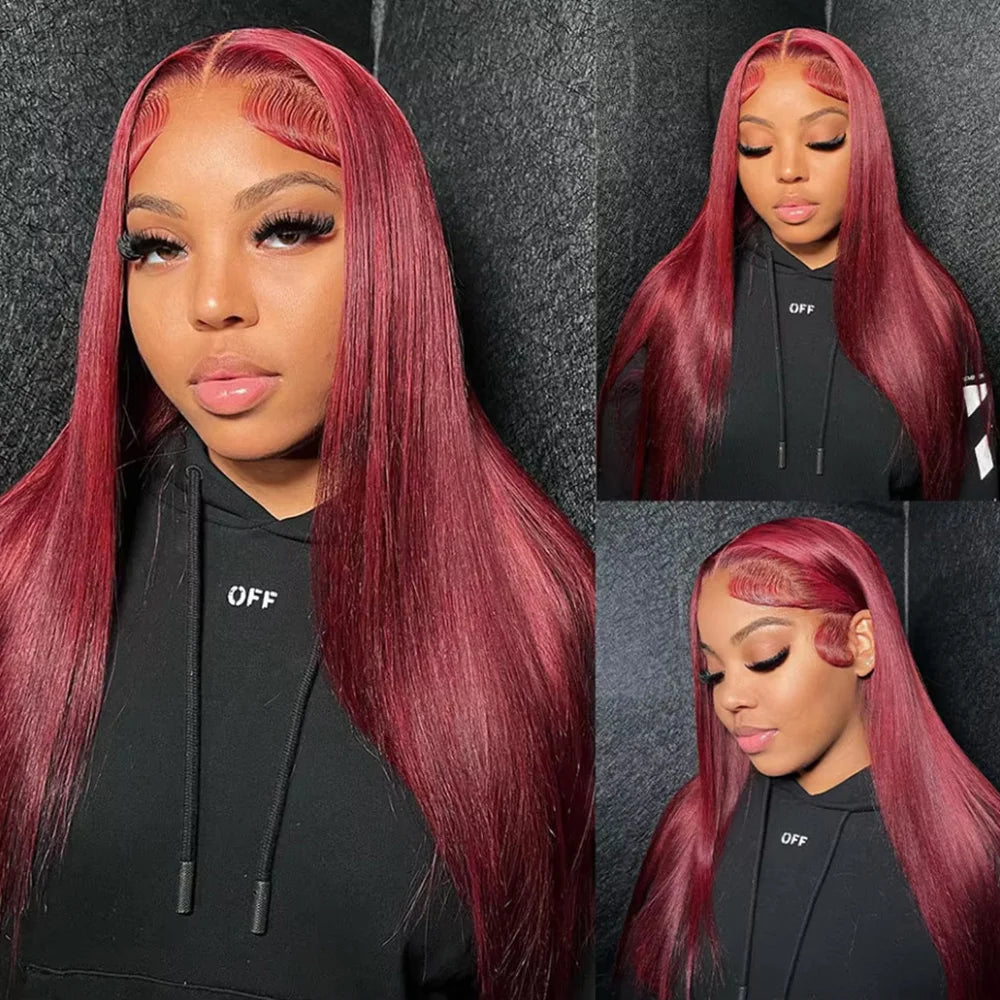 Maxy 200 Density 99J Straight Lace Frontal Wig Human Hair 13x6 HD Lace Front Wig Pre Plucked Bleached Knots Glueless Wigs 46 Inches