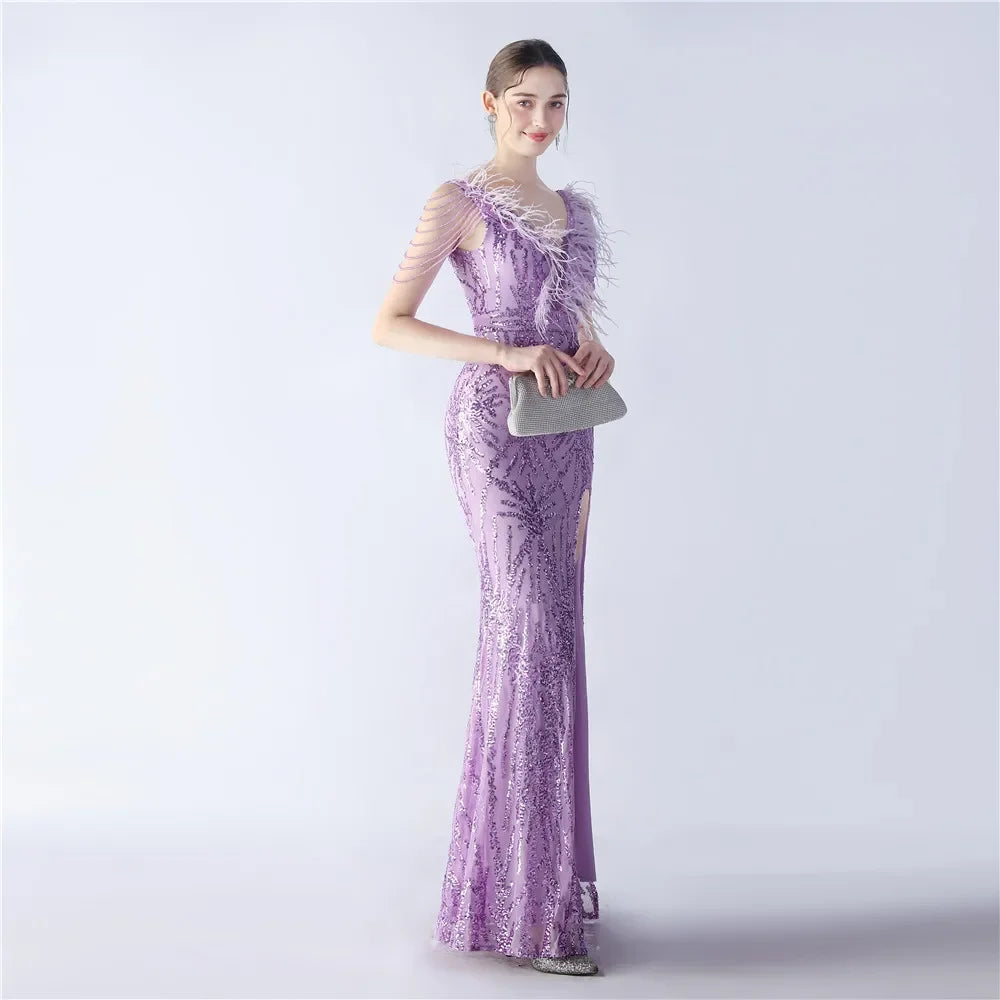 Babs Women's V Neck Feather With Sequin Sleeveless Split Mermaid Gown Long Prom Evening Party Dress