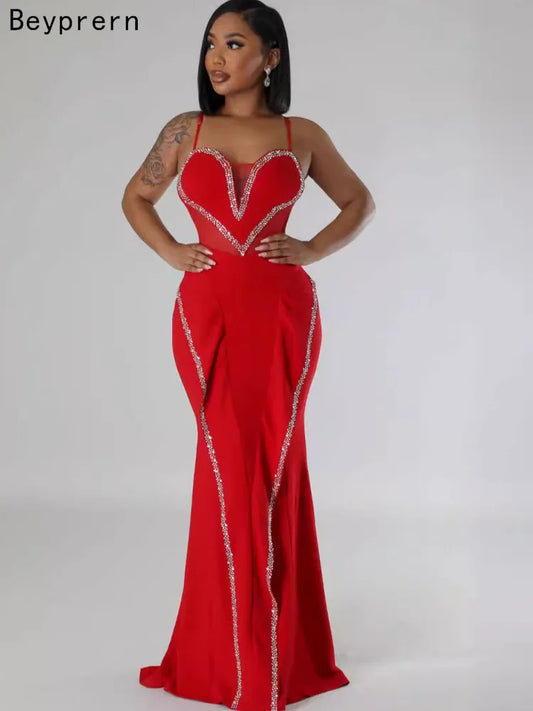 Babs perfect Red Rhinestones Long One-Piece Dress Gown Elegant Sleeveless Crystal Night Out Party Dress Celebrities Outfits