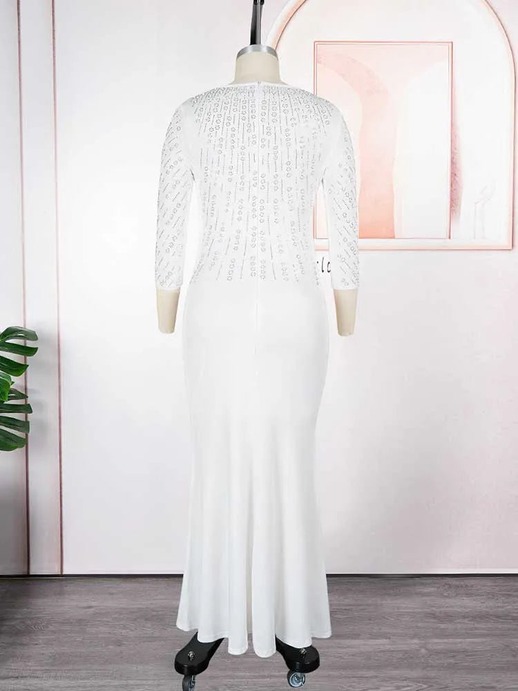 Maxy Plus Size Dresses for Woman Elegant Party Solid Color Diamond Long Evening Dresses Maxy Long Sleeve Dress