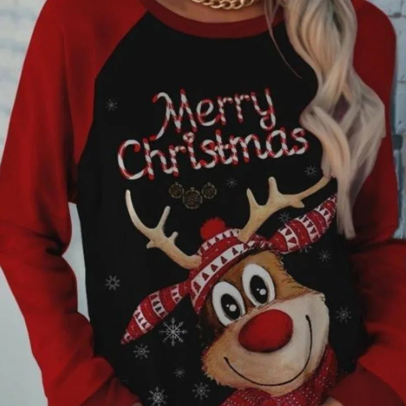 New Fashionable Hot Selling Plus Size Women's Christmas Print Colour Blocking Comfortable Sweatshirt with Pockets