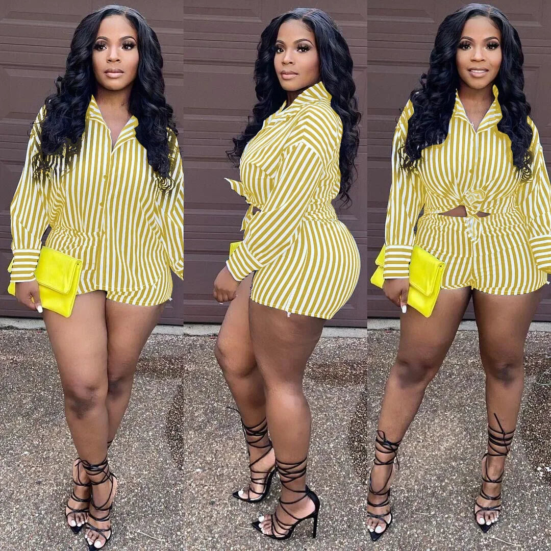 Maxy Summer Fashion Sporting Women set Striped Print Button Shirt Top Skinny Shorts Suit Two Piece Set Elegant Tracksuits