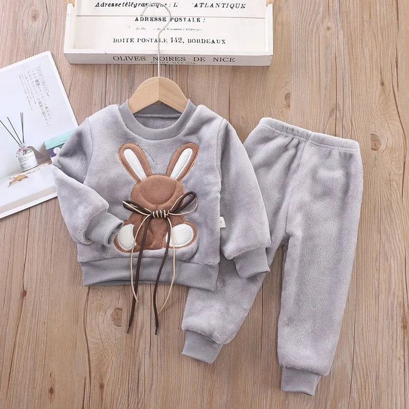 Maxy Children Toddler Set Cartoon Rabbit Pajamas Baby Boy Girl Flannel Warm Sleepwear Top+Pants 2pcs Autumn Winter Casual Clothes New
