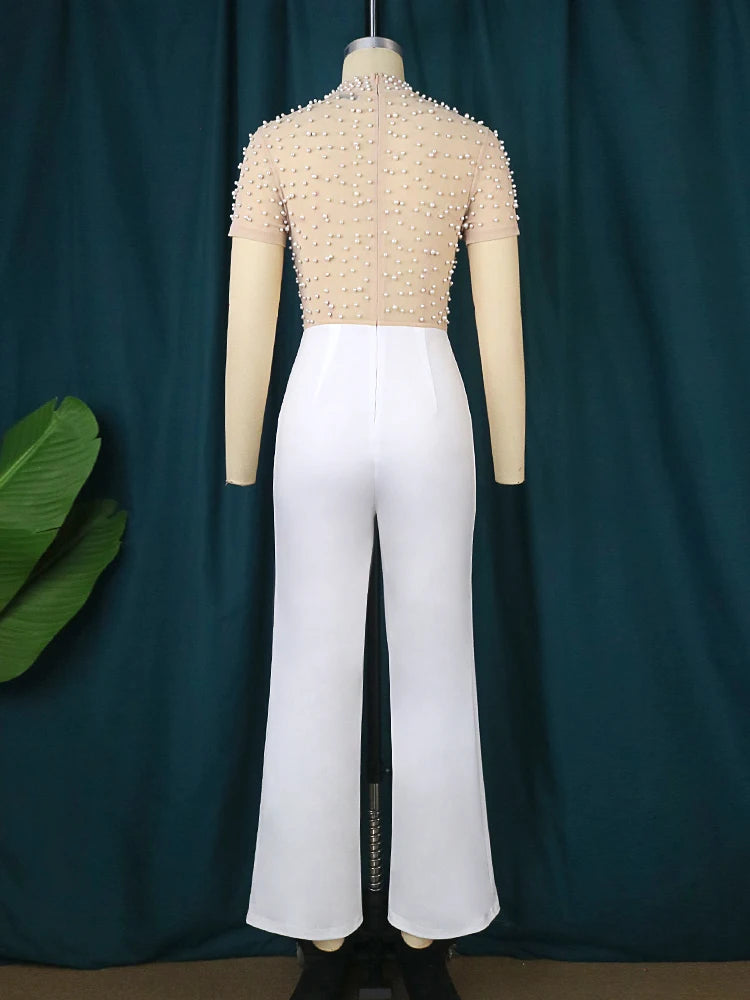 Maxy Plus Size Jumpsuits for Women See Through Beading Long Sleeve Beige Black Empire Wide Leg One Piece Outfits Luxury Rompers