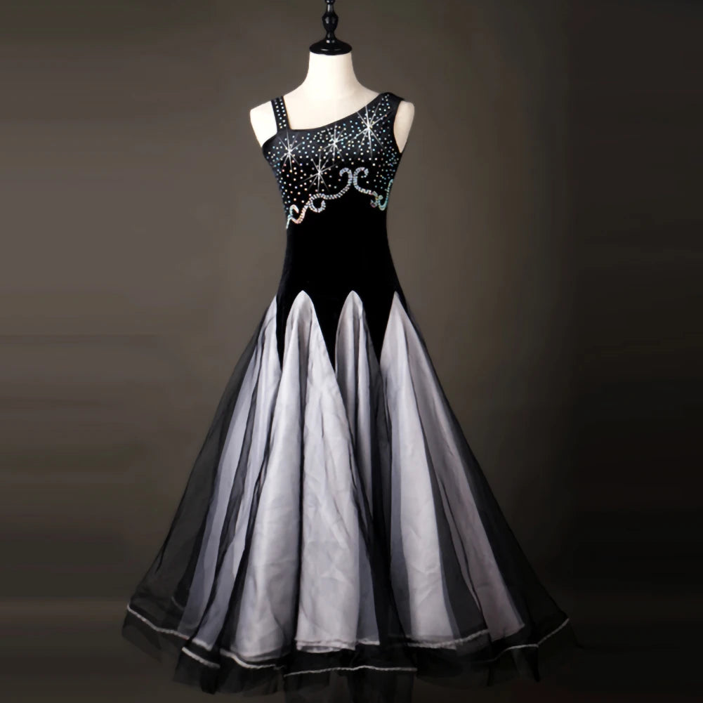 Maxy Waltz Ballroom Competition Dress Practice Wear Dance Performance Stage Costume Evening Party Gowns Rhinestones Big Swing
