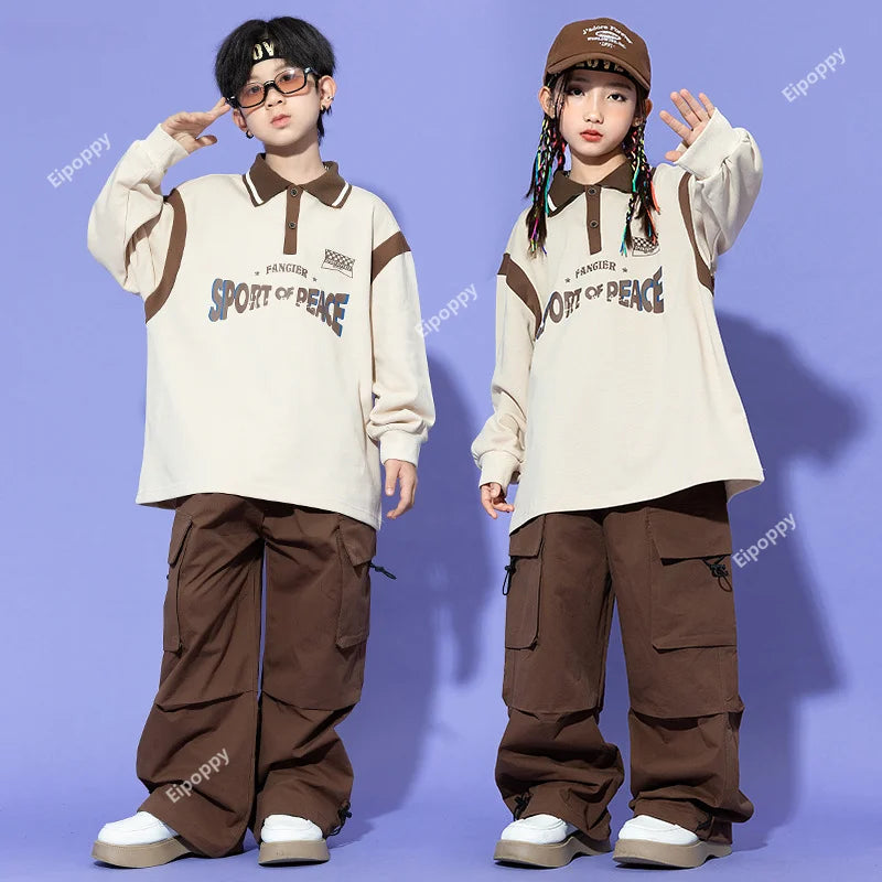 Maxy Boys Hip Hop Shirt Solid Cargo Pants Girls Sweatshirt Street Dance Joggers Children Sport Clothes Sets Kids Jazz Costumes