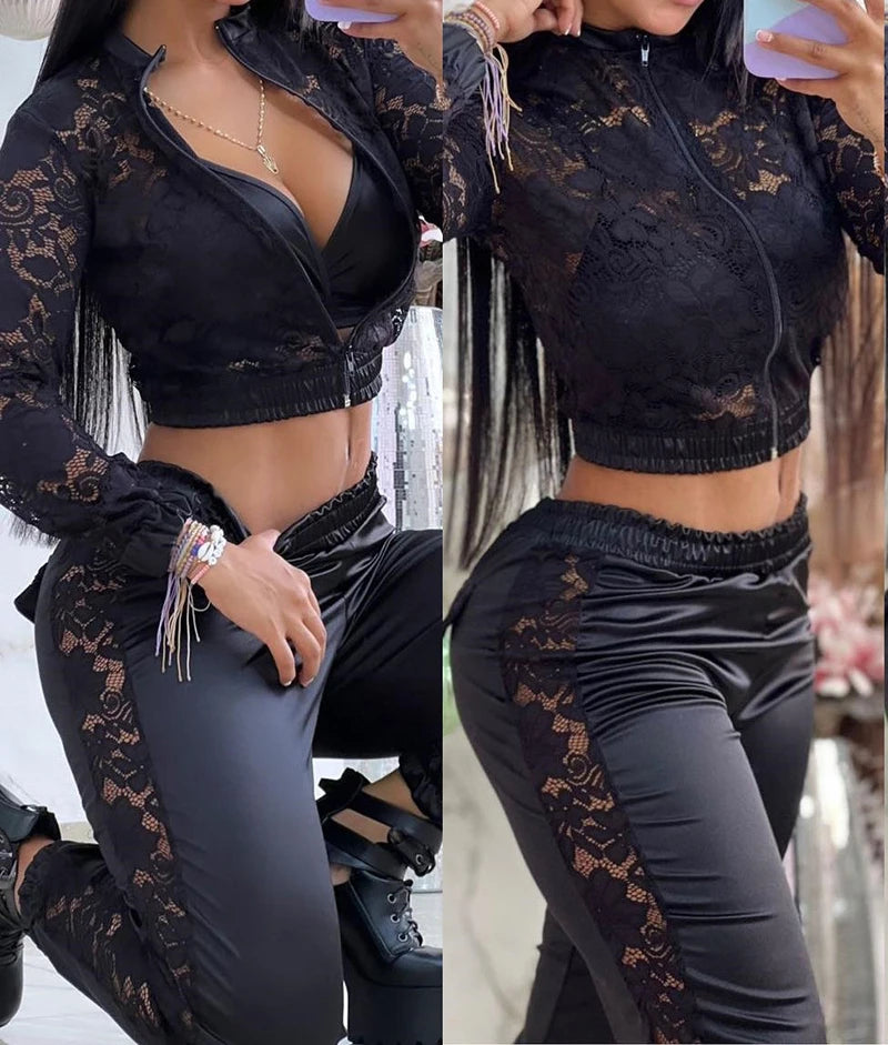 Maxy 3 Piece Set Women Outfit Casual V-Neck Crop Top Shirred Crochet Lace High Waist Cuffed Pants Suit Long Sleeve Coat Summer