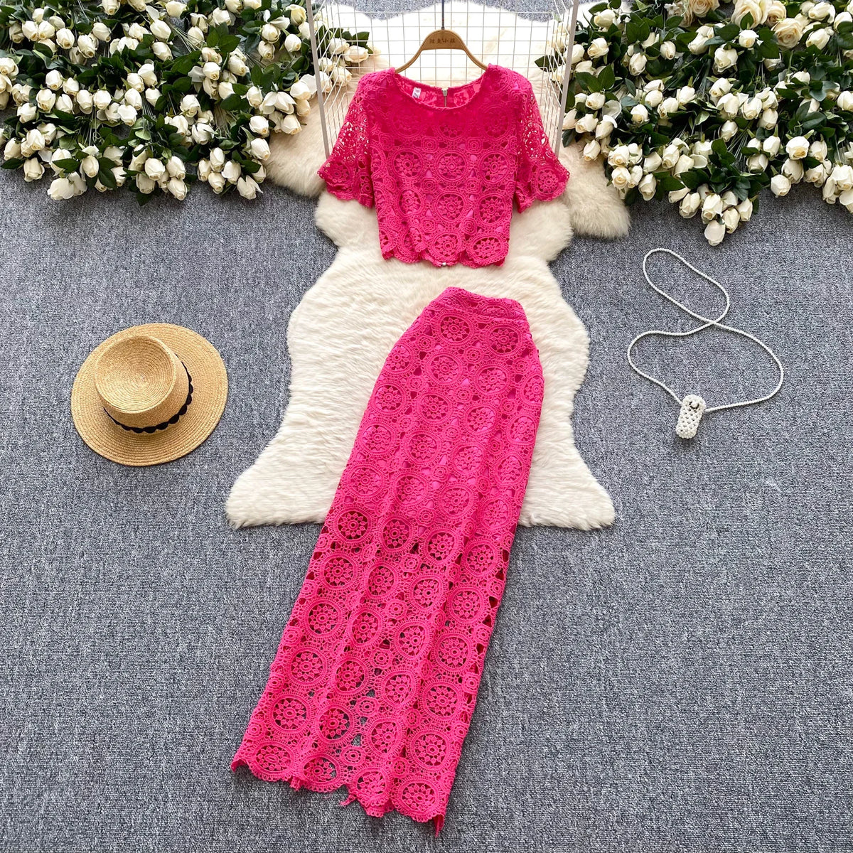 Maxy Sexy Chic Hook flower hollow lace Elegant Korean Fashion Slim Summer vintage Beach dress women clothing