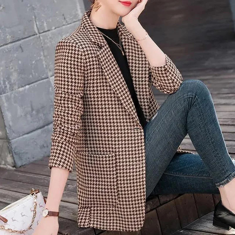 Maxy New Spring and Autumn Elegance Commuting Simple and Slim Fit Versatile Suit Collar Long Sleeved Bird Grid Oversize Suit