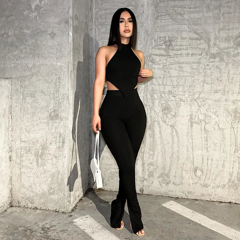 Summer Women's Suit Solid Color Halter Top And Trousers Casual Sets Elegant Lady Fashion Temperament Two-Piece Outfits