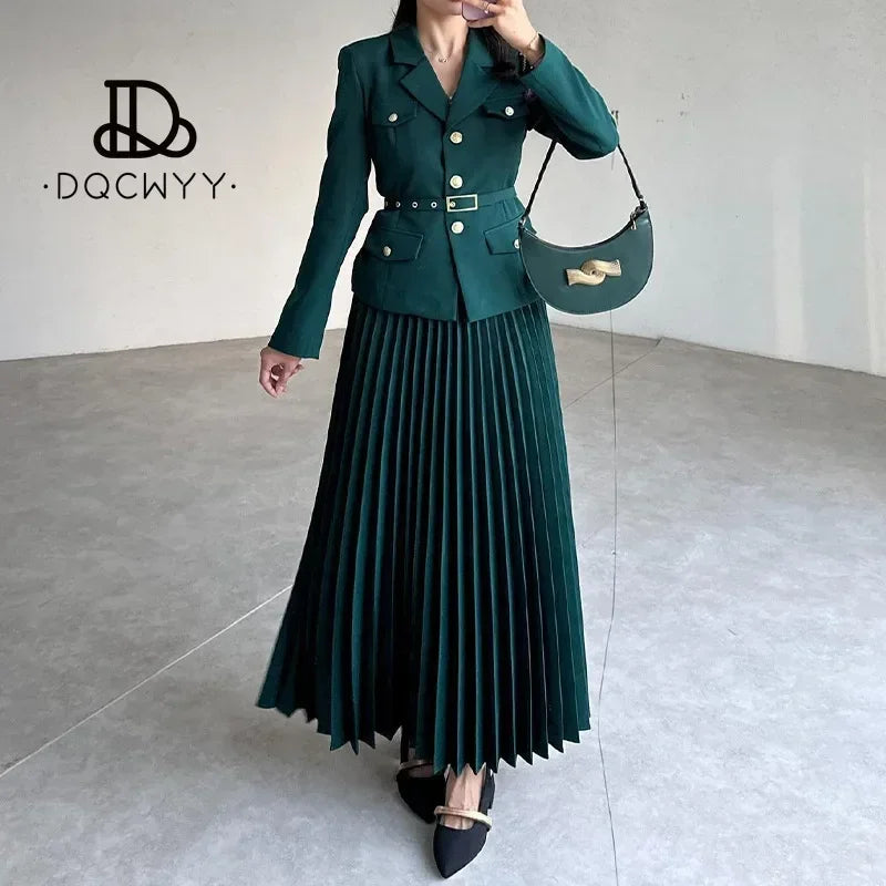 Maxy Women's Two Pieces Set Blazer Lady Pleated Long Dress Spring New in Matching Sets Button Temperament Elegant Women's Sets