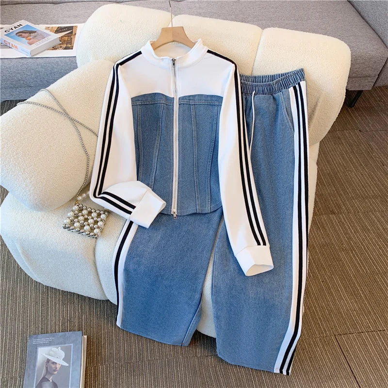 Maxy New Fashion Female Trousers Set Spring Autumn Fake Two Pieces Denim Coat Wide Leg Pants Two-Piece Women's Casual Sports Sets 2XL