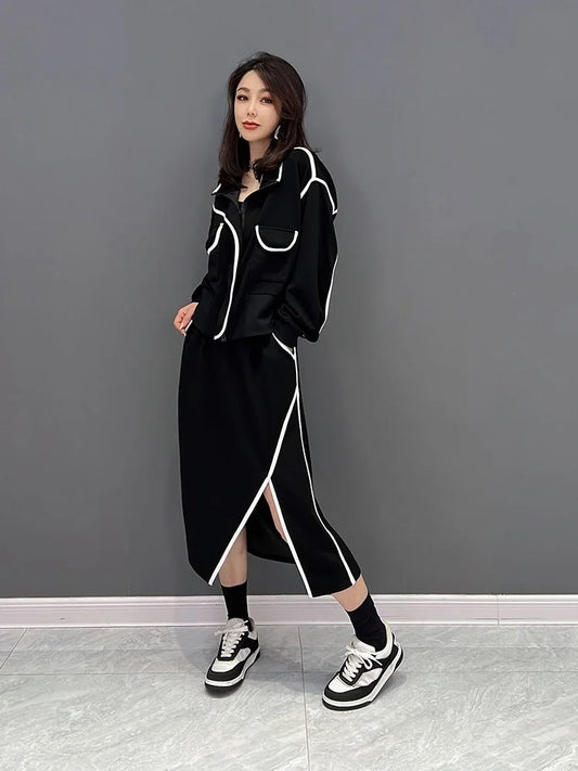 Vefadisa Stripe Splicing Zipper Cardigan Coat Suit Women + Elastic Waist Irregular Split Skirt Suit 2025 Spring Autumn LHX2103